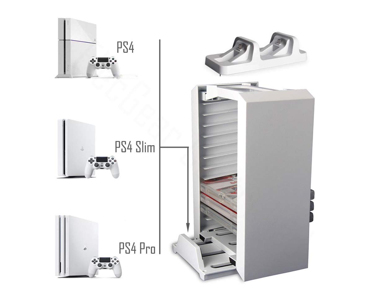 ElecGear Games Disk Tower, Vertical Stand, Dual Charger White Blu-ray DVD Disc Storage Organizer Holder, PS4 Controller Twin Charging Station