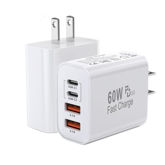 60W USB C Charger Block,2Pack 4-Port GaN USB C Charger Fast Charging Wall Plug Dual Type C+Dual USB-A Port Multiport Power Adapter Cube for iPhone 17