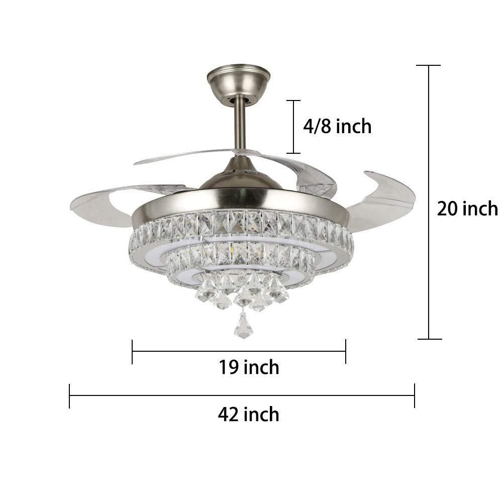 KPIBEST 42 inch Crystal Ceiling Fan with Light and Remote Control 3 Lights Level, Modern Indoor Invisible Retractable Chandelier Fans Lighting with 3
