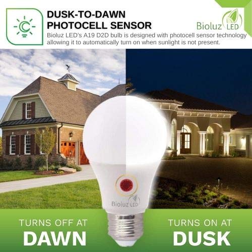 Bioluz LED Dusk to Dawn Light Bulb, 9W (60W Equivalent) A19 LED Light Bulb with Photocell Sensor, Auto On/Off, 3000K Soft White Indoor/Outdoor Light