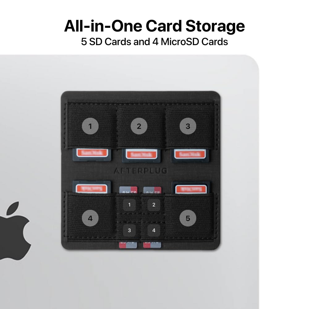 Afterplug Ultra Slim Adhesive SD & MicroSD Card Holder for Laptops, 9 Slots for 5 SD and 4 MicroSD Cards, Black