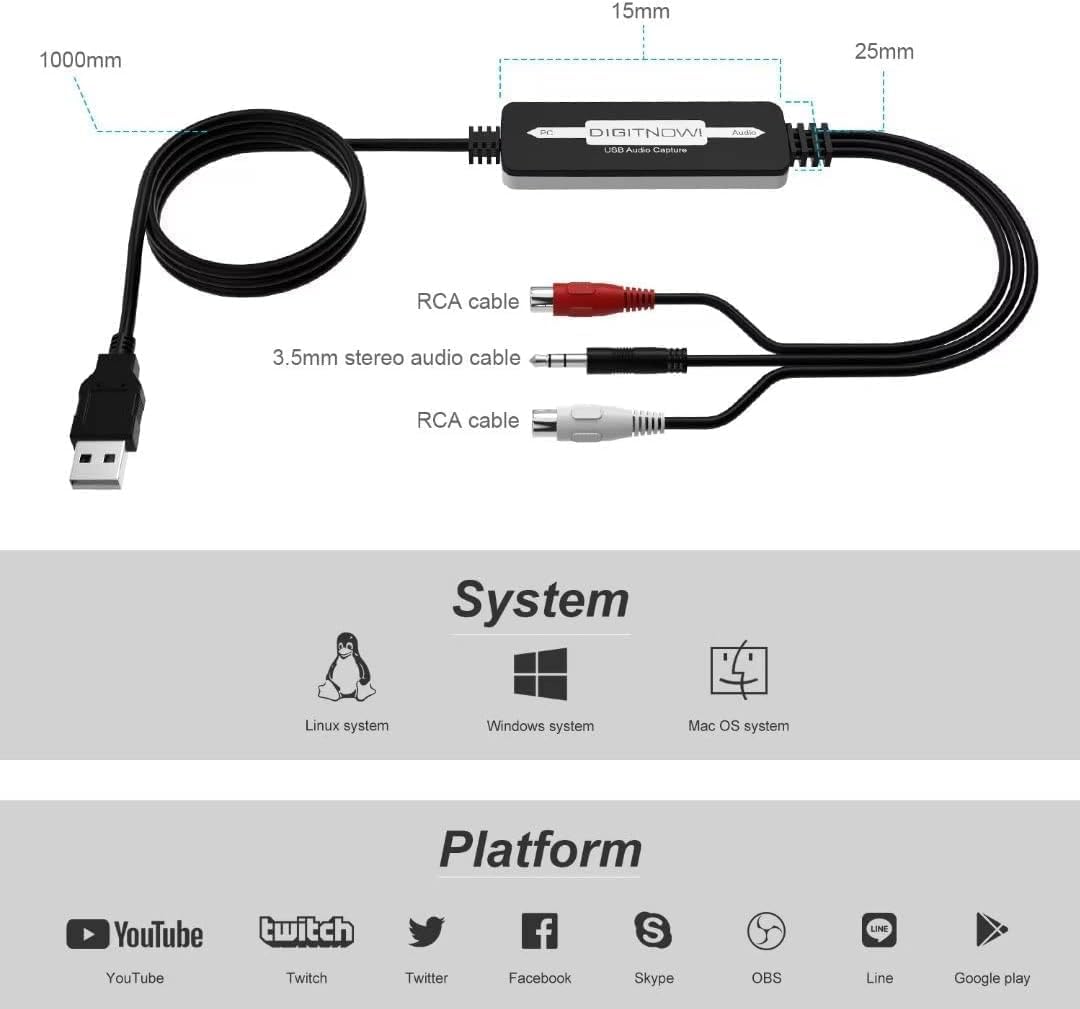 DigitPro USB 2.0 Audio Capture Card for Vinyl Records, Audio Grabber for Cassette Tapes to Digital MP3 Converter with Stereo RCA/3.5mm Music