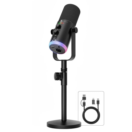 SquarockTek USB/XLR Dynamic Podcast Microphone with RGB Lighting, PC Gaming Streaming Mic with Mute Button, Headphone Jack and Desktop Stand TX2