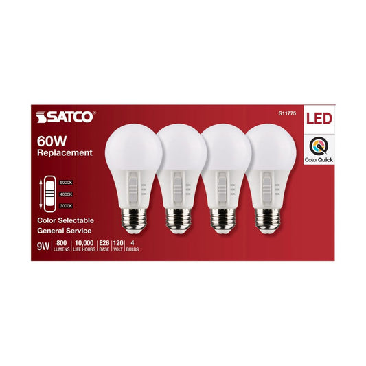 Satco S11775 9W 120V A19 LED Light Bulb; E26 Medium Base; CCT Selectable; White Finish; 90 CRI (4 LED Bulbs)