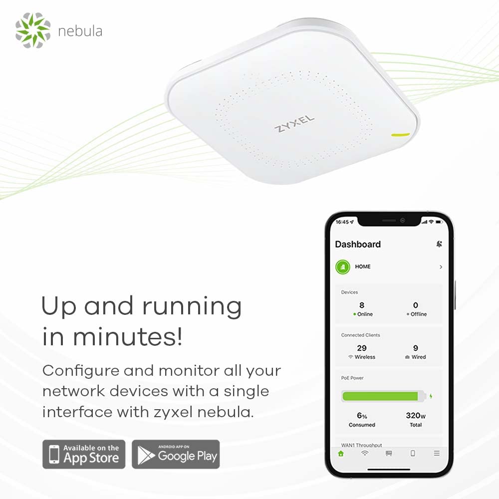 Zyxel WiFi 6 AX1800 Wireless Access Point | Mesh, MU-MIMO | WPA3-PSK Security | Cloud, App or Direct Management | PoE+ or AC Powered, Adapter Included