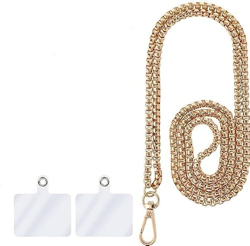 1 Set Golden Fashionable Metal Phone Chain Holder,Exquisite Universal Cell Phone Crossbody Neck Lanyard with Tether Pads Adjustable Phone Wrist Strap