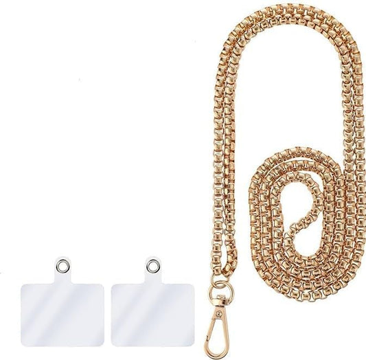 1 Set Golden Fashionable Metal Phone Chain Holder,Exquisite Universal Cell Phone Crossbody Neck Lanyard with Tether Pads Adjustable Phone Wrist Strap
