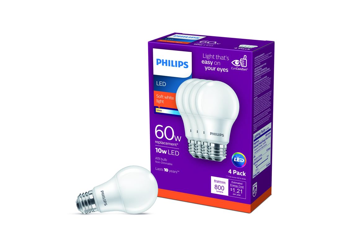 Philips B01AHLY6WO 4pk 8.5W=60W LED Soft White A19 Bulbs