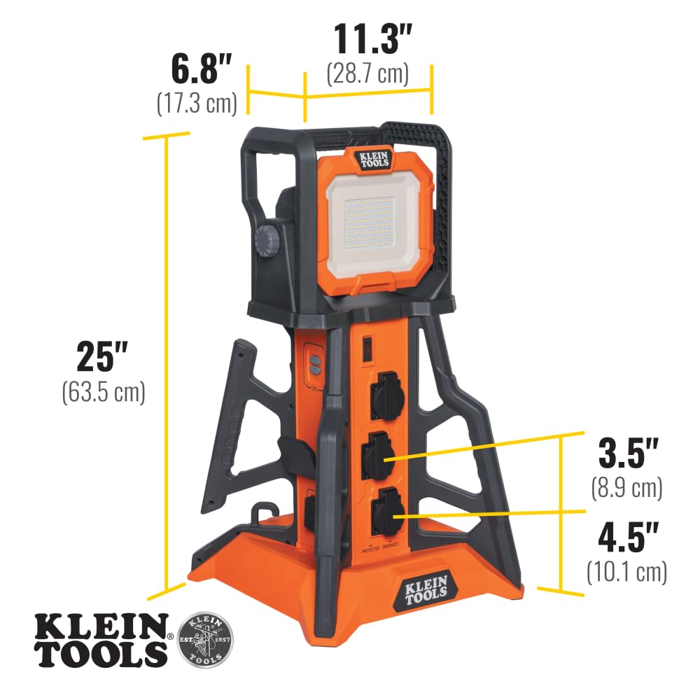 Klein Tools 29610 PowerHub, 6 Surge Protected Covered 15A Outlets, 5000 Lumen Work Light, 4 USB Ports, Built-in GFCI, Overcurrent Protection