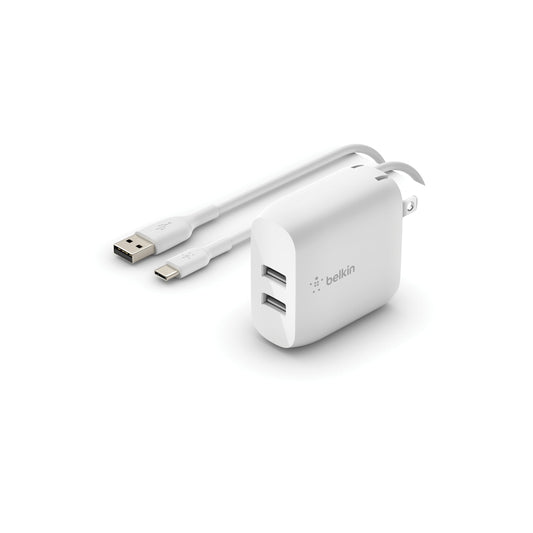 Belkin 24W Dual Port USB Wall Charger w/ USB-C Cable Included - Fast Charging iPhone 16 Charger for Power Bank, iPad & iPad Pro, Samsung Galaxy S25