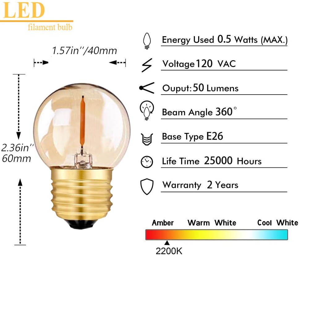 Tsunetani G40 G12.5 Led Filament Mini Globe Light Bulbs 0.5W Equivalent to 5 Watt Incandescent Low Watts Led Bulb E26 Base 2200K Edison Bulb