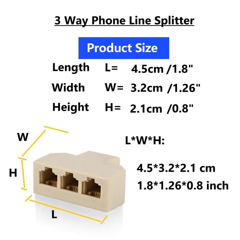 Yumiwoow RJ11 Cable 3 Way Telephone Splitter 3 Pack, Beige, Splitter 6P4C Connector Phone Line Cord Adapter with Cable for Landline Telephone Wire