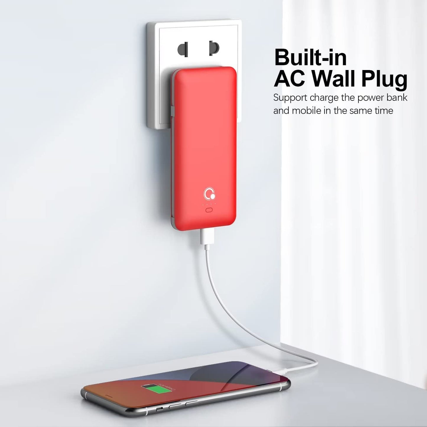 10000mAh Portable Charger, Slim USB B C Power Bank,4 Output External Battery Pack with Built-in AC Wall Plug Micro and USB C Three Cables Compatible