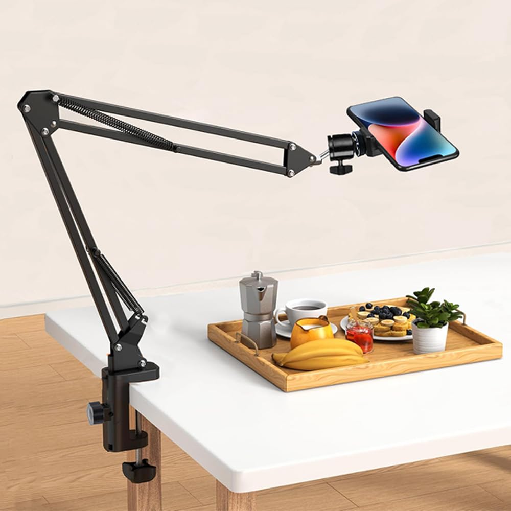YIYANT Overhead Tripod Mount for Camera Webcam Ring Light, Over Head Articulating Arm with Phone Holder and Ball Head, Desktop Suspension Scissor