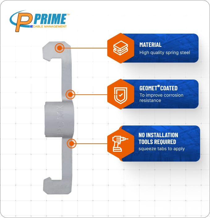 Prime Cable Management Conduit Cable Support Clip to Ceiling Wire, Threaded Rod & Flanges. Heavy Duty Spring Steel Clip 50 Pack