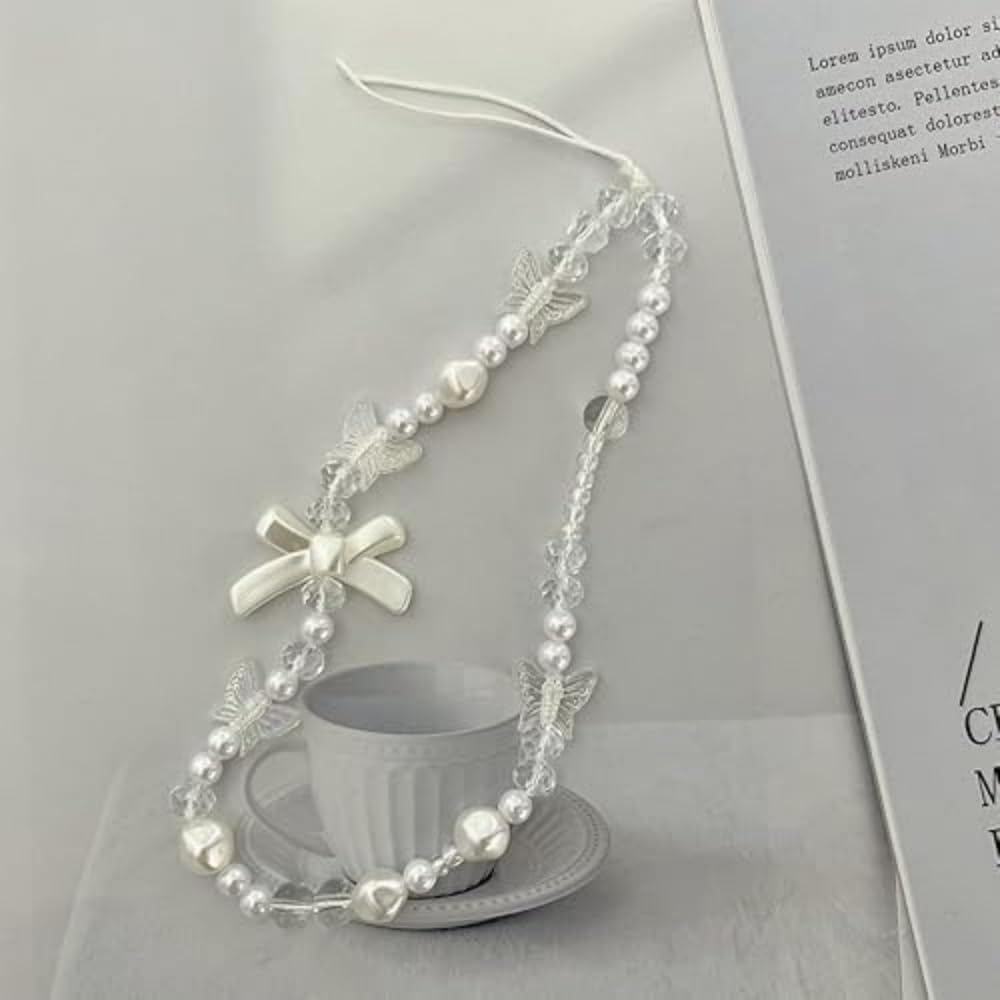 Essivox White Pearl Phone Lanyard, Universal Mobile Chain with Bow, Beaded Wrist Strap, Anti-Lost Charm Keychain