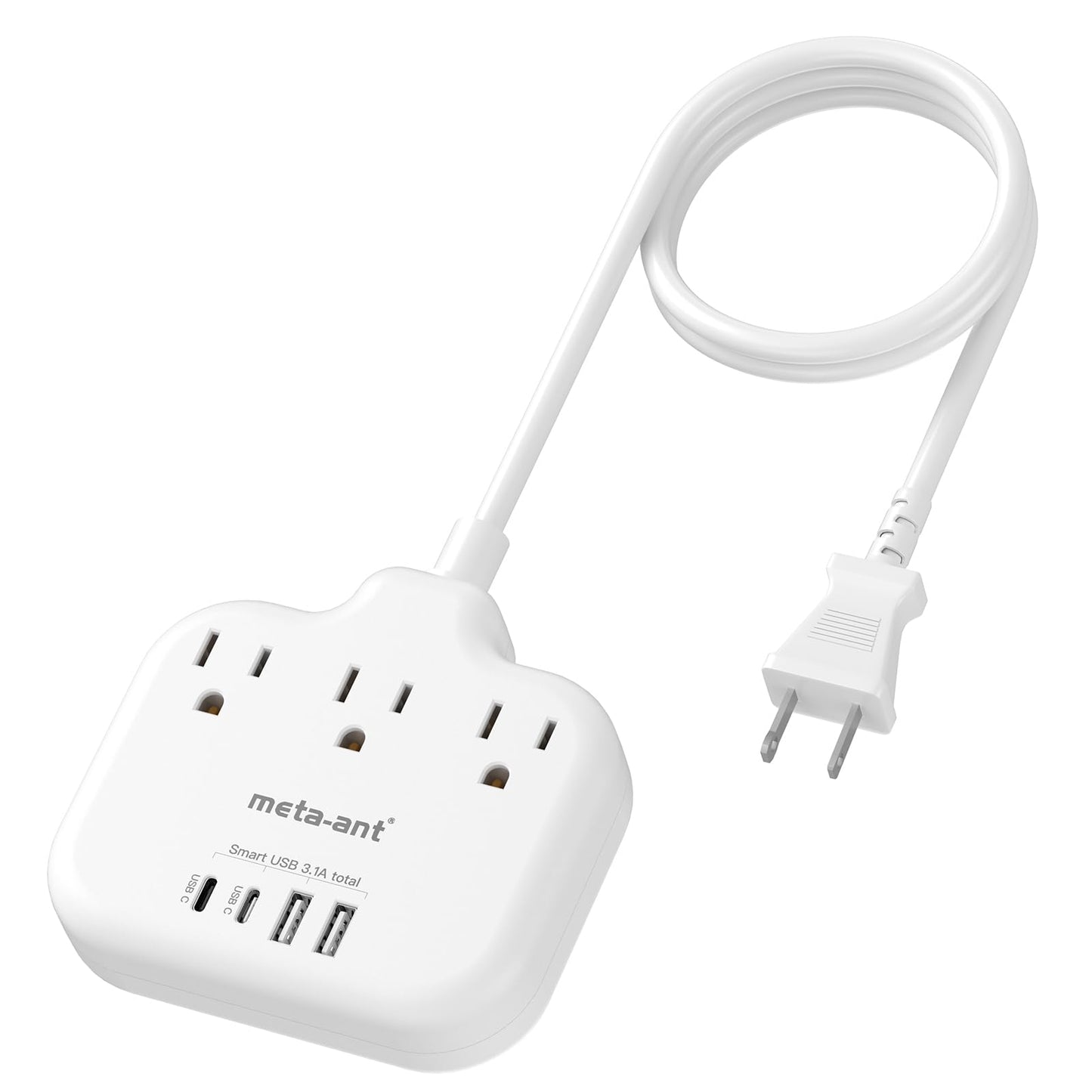 2 Prong Power Strip with USB C, meta-ant 2 Prong to 3 Prong Outlet Adapter, Two Prong Power Strip with 3 Outlets & 4 USB(2 USB-C), 4ft Extension Cord