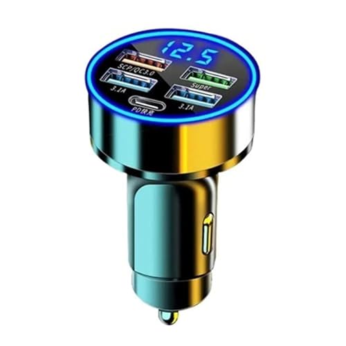 RDRKR 120W 5-Port Car Charger with PD Fast Charging & LED Voltage Display - USB C Cigarette Lighter Adapter (4 USB + 1 PD) for iPhone, Android