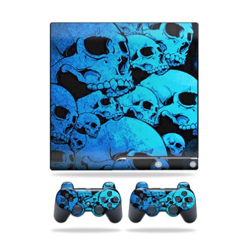 MightySkins Skin Compatible with Sony PlayStation 3 PS3 Slim Skins + 2 Controller Skins Sticker Blue Skulls
