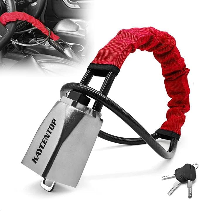 KAYCENTOP Car Steering Wheel Lock, Seat Belt Lock, Car Locks Anti-Theft Device with Aluminum Alloy Lock Housing, Max 17 Inch Length, High Visibility