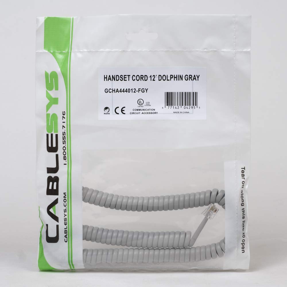 Cablesys Coiled Telephone Handset Cord for Use with PBX Phone Systems, VoIP Telephones - 12 Ft Uncoiled, Rj22, 1.5 Inch Lead on Both Ends, Dolphin