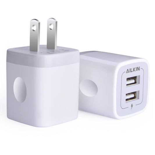 USB Wall Charger, Charger Adapter, AILKIN 2-Pack 2.1A Dual Port Quick Plug Cube for iPhone 15 14 13 12 11 Pro Max 10 SE X XS Plus Samsung Galaxy S23