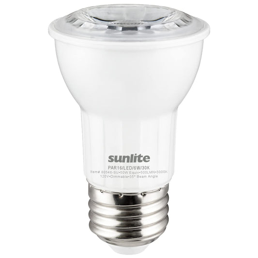 Sunlite LED PAR16 Reflector Light Bulb, 6 Watts (50W=), 500 Lumens, Medium E26 Base, Dimmable, Floodlight, 90 CRI, ETL Listed, Title-20 Compliant, 1