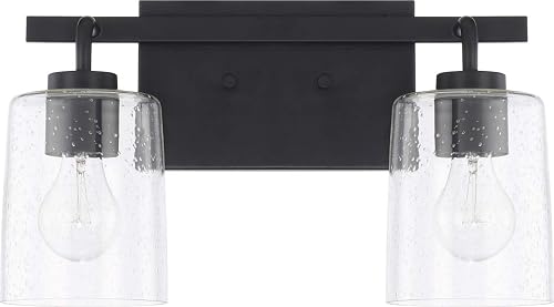 HomePlace Lighting 128521MB-449 Greyson Urban/Industrial Clear Seeded Glass Bathroom Vanity Wall Light, 2-Light 200 Total Watts, 9" H x 15" W, Matte