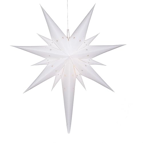 Wintergreen Lighting 26" White Bethlehem Star Fold-Flat Christmas Star Lights Reusable LED Plug-in or Battery Indoor-Outdoor 3D Hanging Decoration