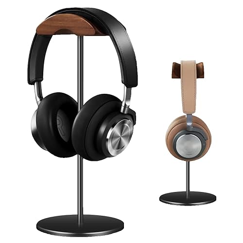 Micool Headphone Stand, Aluminium and Wood Gaming Headset Stand Holder for All Size Headphones with Stable Heavy Base, Headphone Holder for Desk