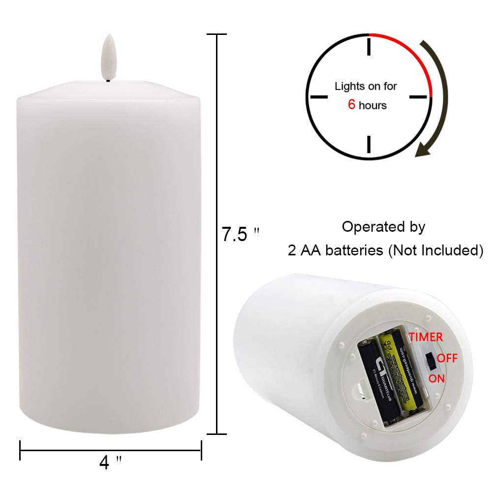 Eldnacele Large Flameless Flickering Candles White 3D Realistic Black Wick with Timer, 4” X 7.5” Battery Operated Real Wax Pillar Candles Warm White