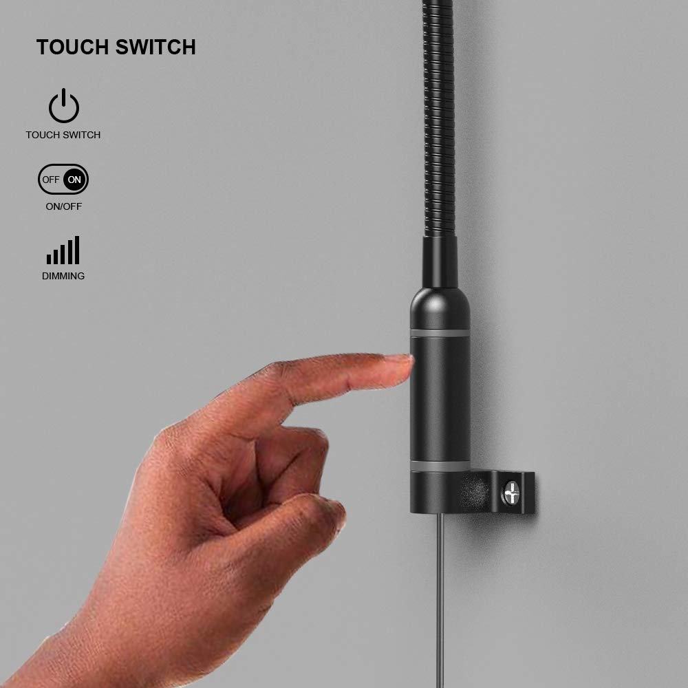 Agese Wall Mounted Reading Light Touch Switch Dimmable LED 3W Warm White 3000K AC Adaptor (Black)