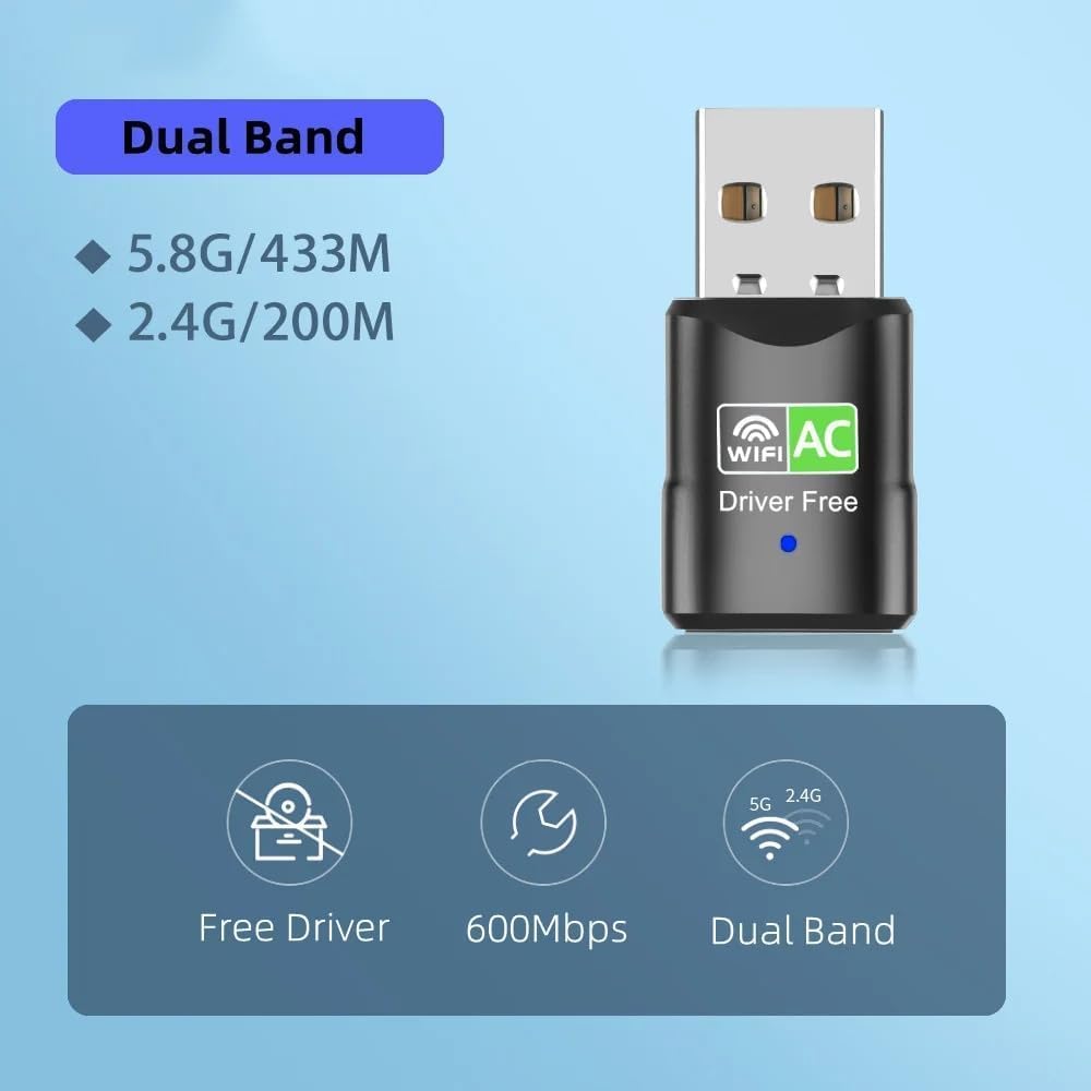 USB WLAN Stick, AC600Mbit/s WLAN Adapter DualBand (433Mbps 5GHz/150Mbps 2.4GHz) with Built-in Driver, USB WiFi Adapter