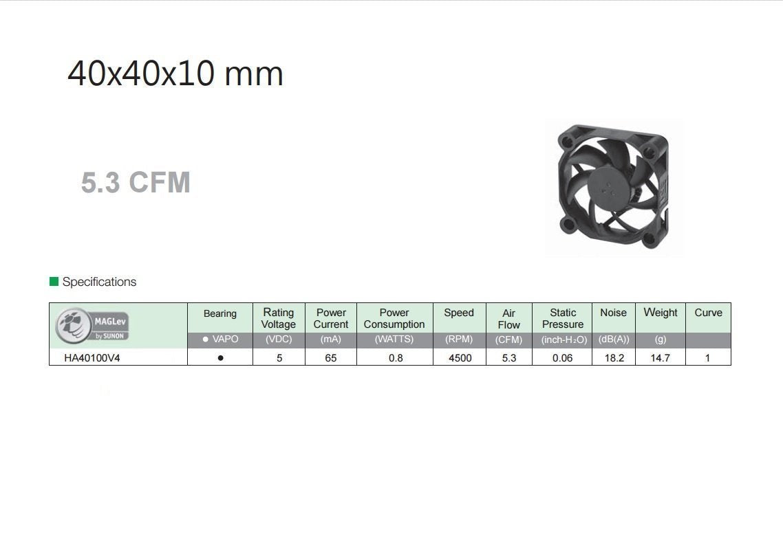 Sunon 5V 40mm x10mm fan with only 18.2 dBA Fan 5.3CFM