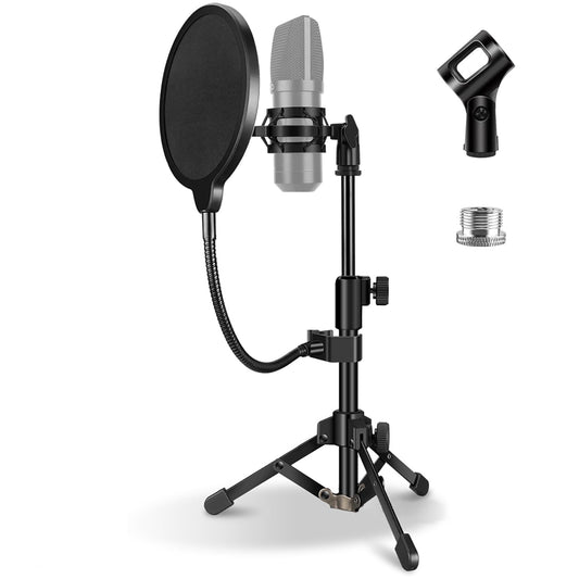 Mic Stand Desk, Table Mic Tripod Desktop Mic Stand Height Adjustable Small Microphone Stand for Desk with Pop Filter Shock Mount Mic Clip 1/4" to 5/8"