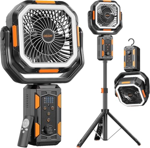 OGERY Camping Fan, Portable Fan with Adjustable Height Stand, 20000mAh Rechargeable Battery Powered Fan with Remote, LED Light, Auto Oscillation, Fast