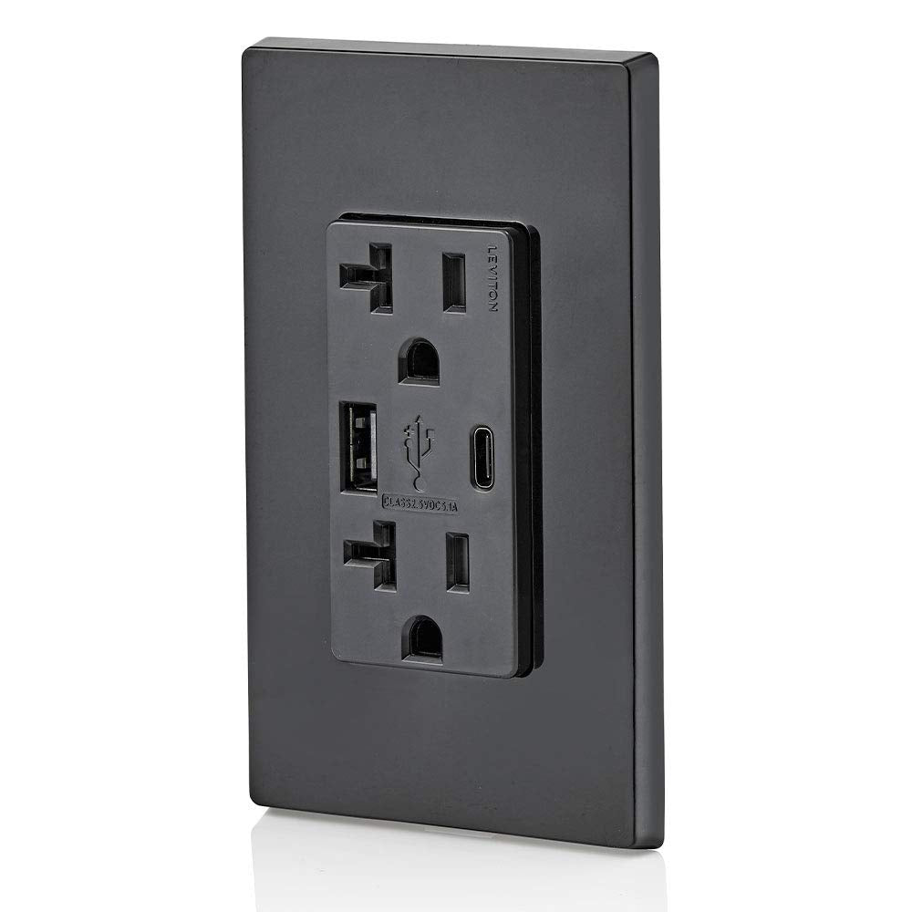 Leviton Type A & Type-C USB In-Wall Charger with 20A Tamper-Resistant Outlet, USB Charger for Smartphones and Tablets. Not for Laptops, T5833-E, Black