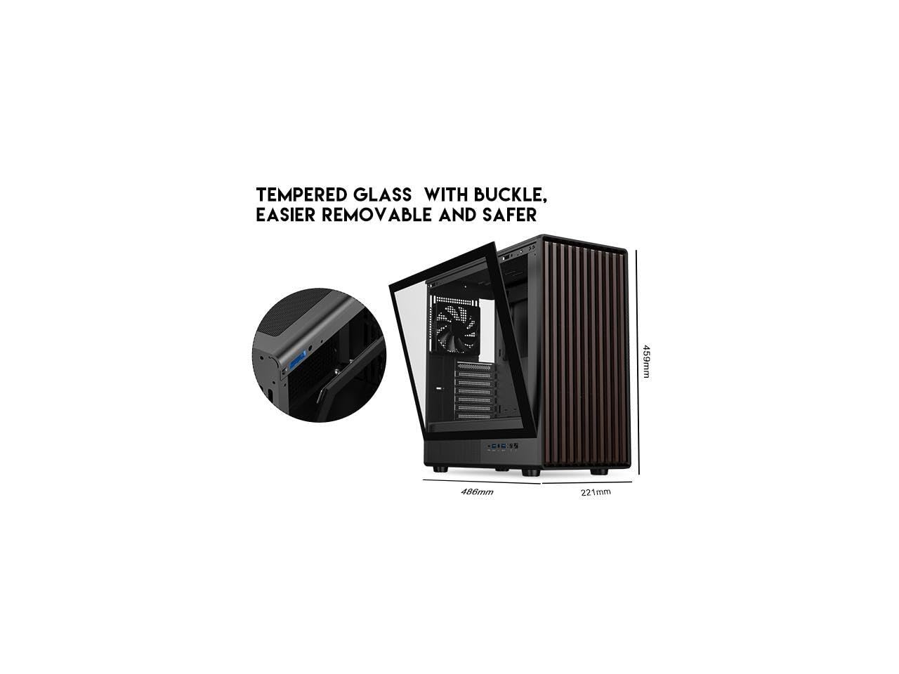 DIYPC DIY-ATX08-Wood Black USB3.0 /Type C ATX Mid Tower Gaming Computer Case w/Tempered Glass Side Panel and Walnut Wood Front Panel
