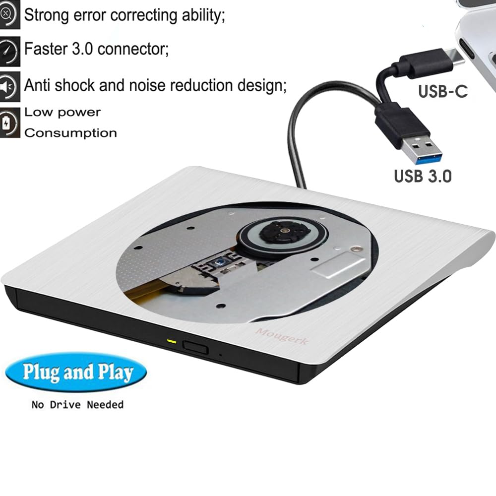 Mougerk External DVD Drive, Portable Type-C USB 3.0 DVD CD Drive Player DVD/CD +/-RW ROM Reader Rewriter Burner for Laptop Desktops (White)