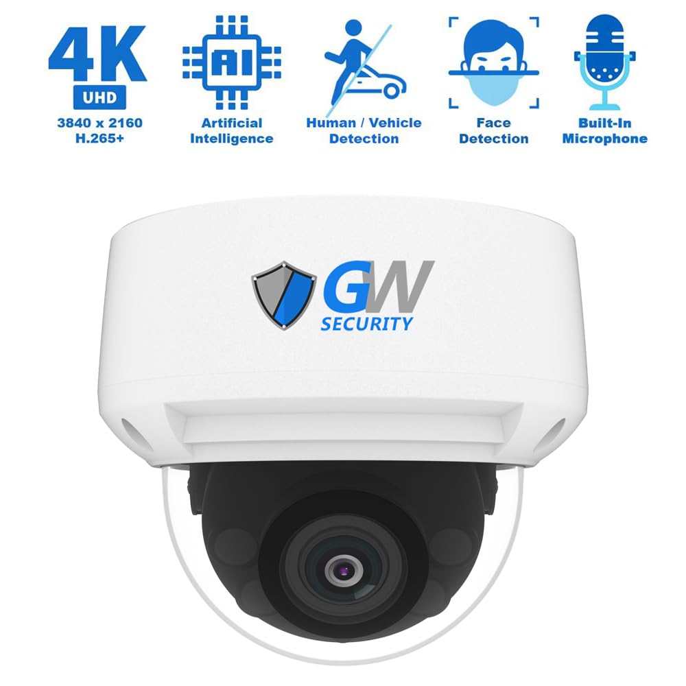 GW Security 8 Channel NVR 4K 8MP PoE 2.8-12mm Varifocal Zoom Security Camera System with 4 x 4K 8MP IP Microphone Waterproof Smart AI Dome Camera