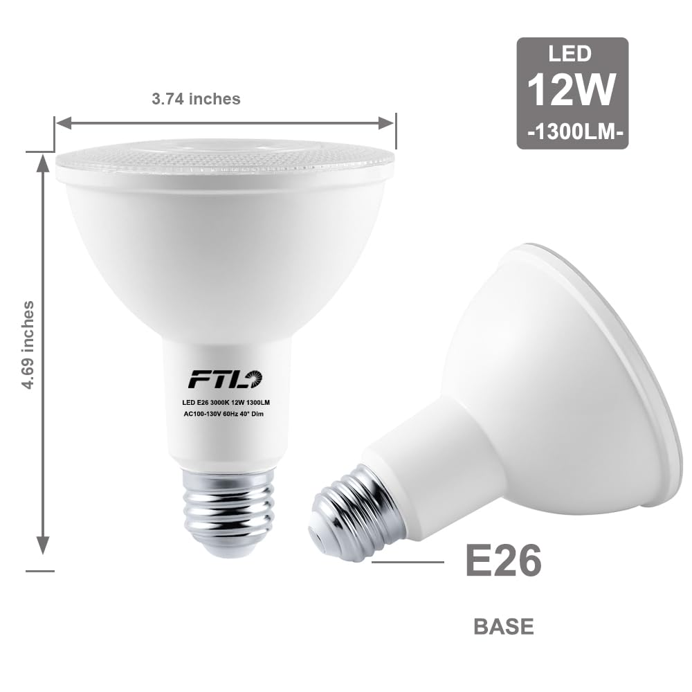 PAR30 LED Flood Light Bulbs Long Neck 5000K Daylight Dimmable 75W Halogen Equivalent 12W E26 1300LM 40 Degree Spotlight for Recessed Can Lighting