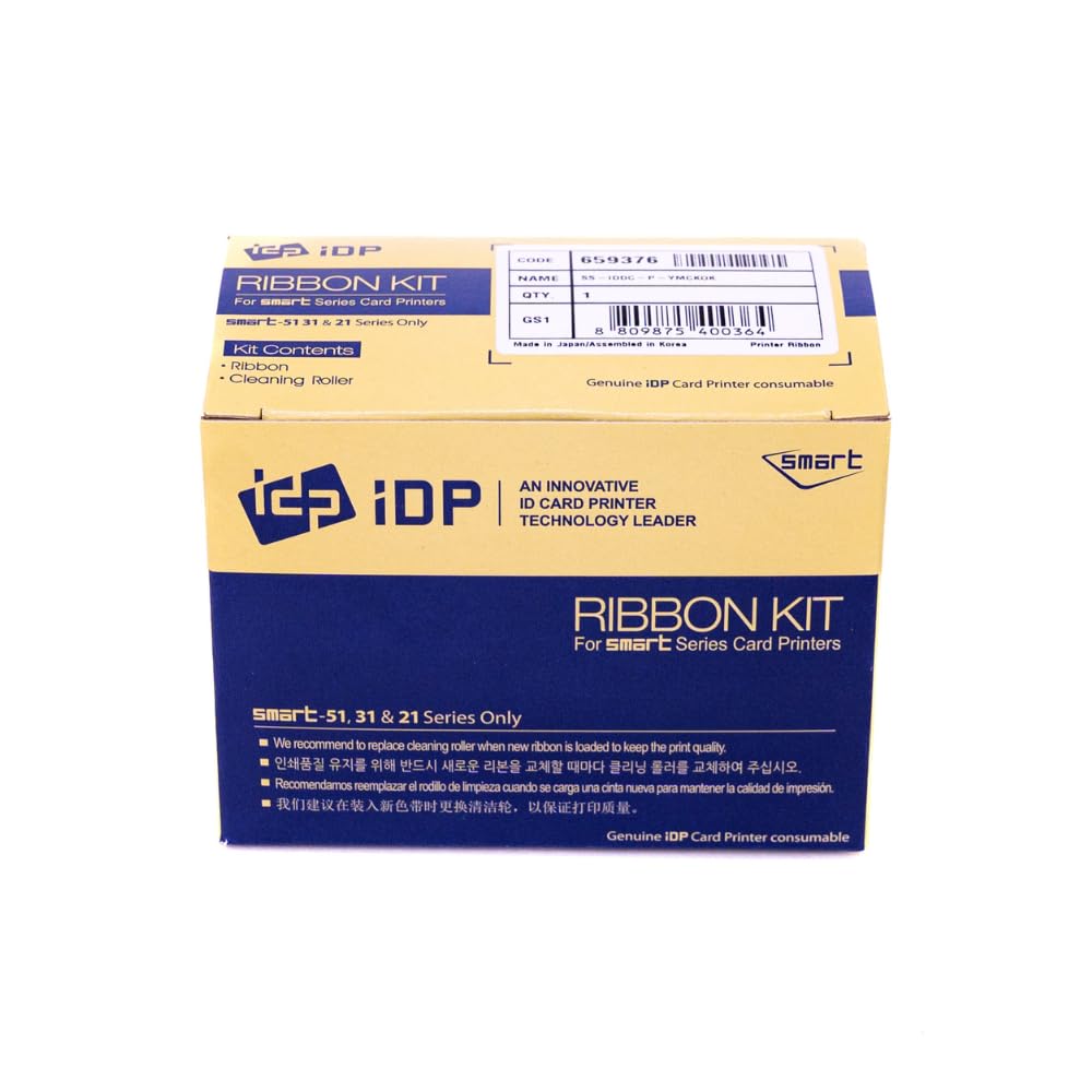 IDP Genuine SMART-31 & SMART-51 Series Card Printer Ribbon - YMCKOK Color, Two Resin Black & Overlay Panels Ribbon w Cleaning Roller, 200 Cards/roll