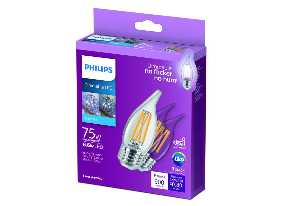 Phillips' PHILIPS 75W BA11 Dimmable Edison Glass LED Candle Light Bulb Bent Tip Medium Base Daylight (5000K) (3-Pack)