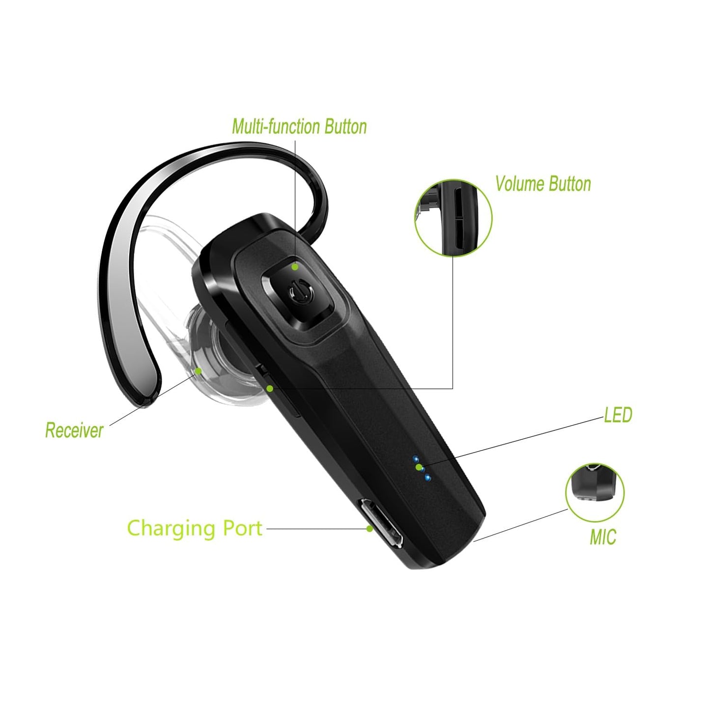 TOORUN Bluetooth Headset, M26 Bluetooth Earpiece Handsfree V5.0 Wireless Headphone with Noise Cancelling and Microphone Compatible for Android iPhone