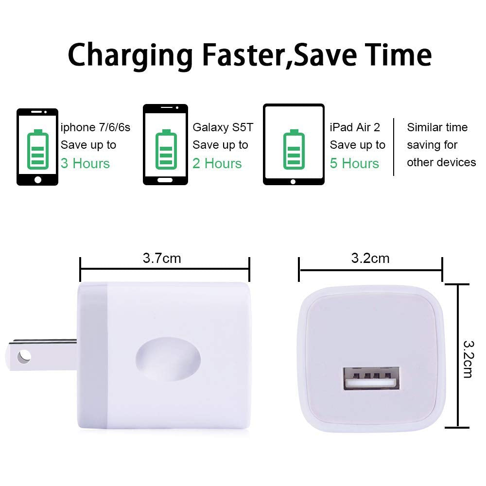 Jasdeia USB Wall Charger, CableLovers 1A/5V 3-Pack Travel USB Plug Charging Block Brick, Charger Power Adapter Cube Compatible Phone Xs/XS Max/X/8/7/6