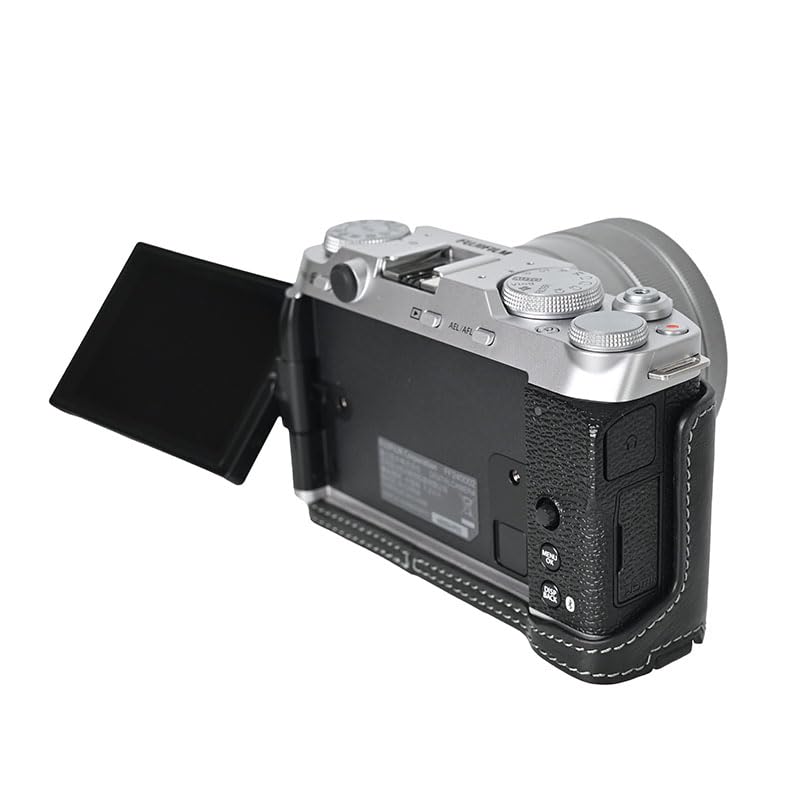 BMAOLLONGB X-M5 Case, Handmade Genuine Real Leather Half Camera Case Bag Cover for Fujifilm X-M5 Bottom Opening Version + Neck Strap (Black)