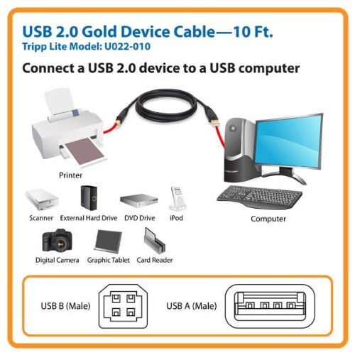 Tripp Lite USB 2.0 High-Speed Cable, Type-A to Type-B (M/M), 10-ft. (U022-010) , Black