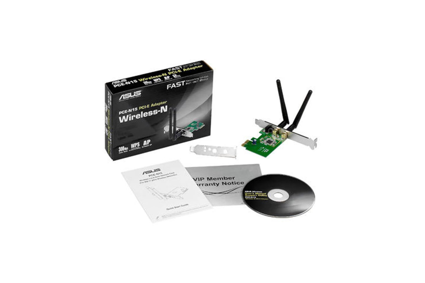 ASUS PCE-N15 300Mbps Wireless-N Network Adapter, PCI-E Interface, Full Height and Low Profile Bracket, WPS Button Support