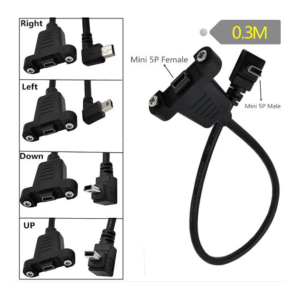 Kework 0.3 Meter Mini USB 5 Pin Extension Cable, Left Angle Mini USB Male to Female Extender Bolt Screw Lock Mount Cable, Sync Data & Charging