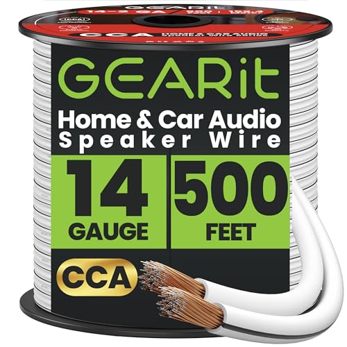 GEARit 14 Gauge Speaker Wire 500ft,Flexible Speaker Cable with Foot Markers & Polarity Markings,14 Gauge Wire for Car Audio & Home Theater